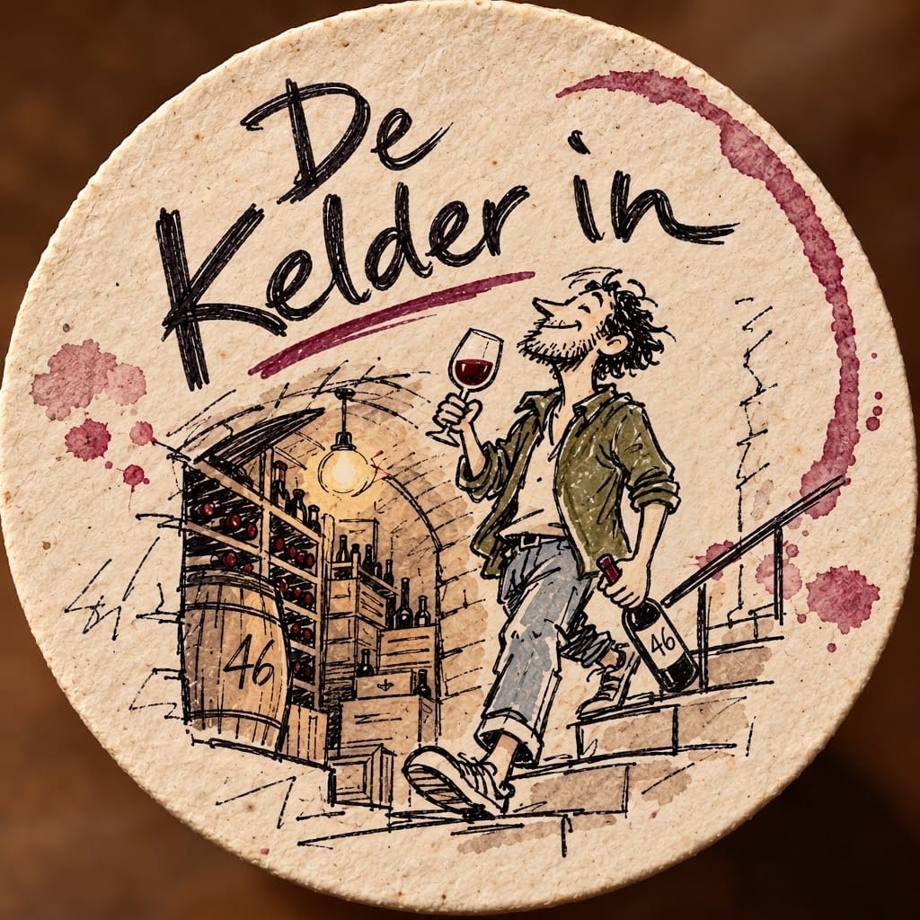 Getekend bierviltje: een man met een glas wijn wandelt de kelder in